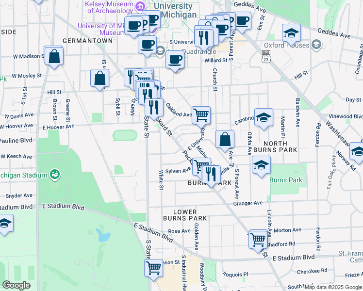 map of restaurants, bars, coffee shops, grocery stores, and more near 909 Packard Street in Ann Arbor