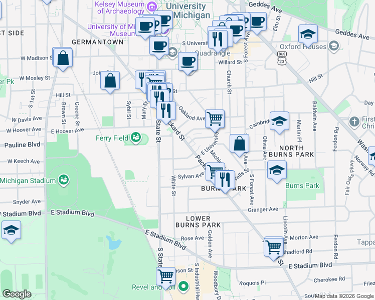 map of restaurants, bars, coffee shops, grocery stores, and more near 909 Packard Street in Ann Arbor