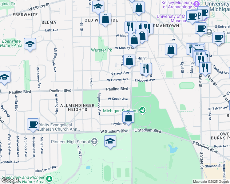 map of restaurants, bars, coffee shops, grocery stores, and more near 403 Pauline Boulevard in Ann Arbor