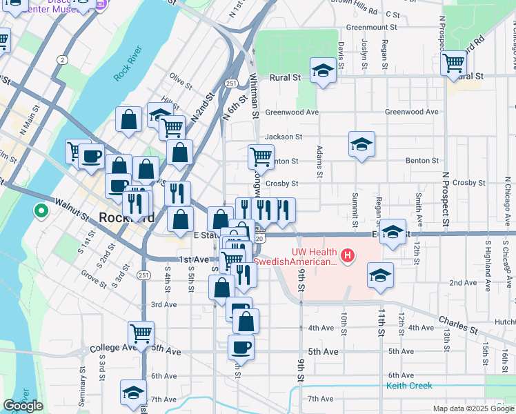 map of restaurants, bars, coffee shops, grocery stores, and more near 207 North Longwood Street in Rockford