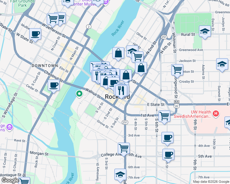map of restaurants, bars, coffee shops, grocery stores, and more near 417 Market Street in Rockford