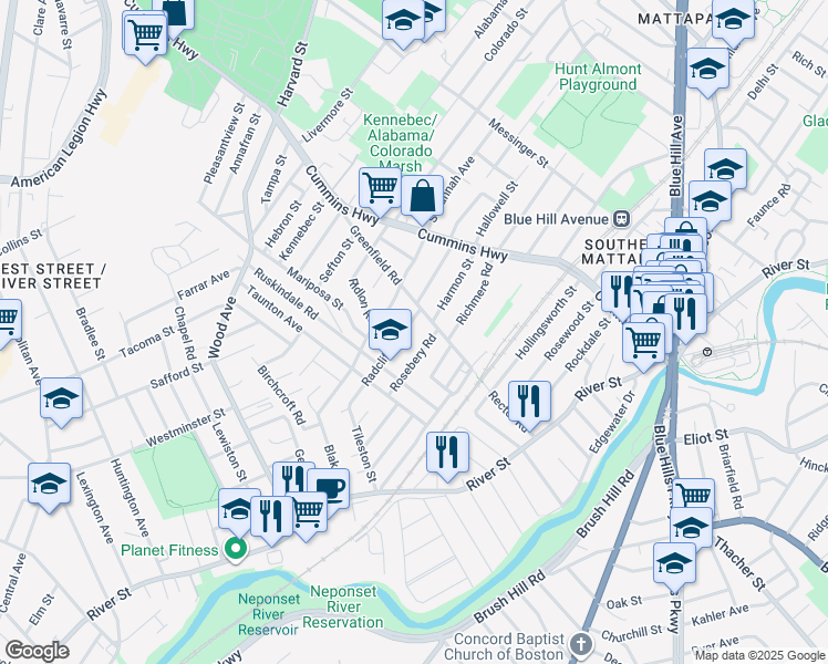 map of restaurants, bars, coffee shops, grocery stores, and more near 14 Radcliffe Road in Boston