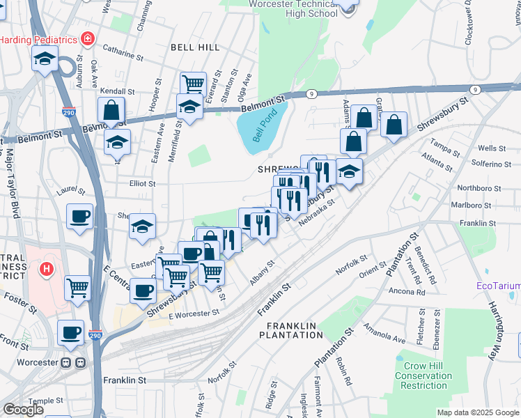 map of restaurants, bars, coffee shops, grocery stores, and more near 1 Wilson Street in Worcester