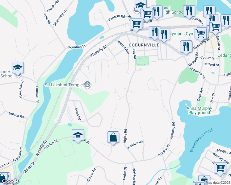 map of restaurants, bars, coffee shops, grocery stores, and more near 10A Harmony Lane in Framingham