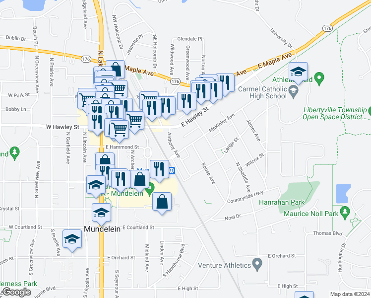 map of restaurants, bars, coffee shops, grocery stores, and more near 279 McKinley Avenue in Mundelein