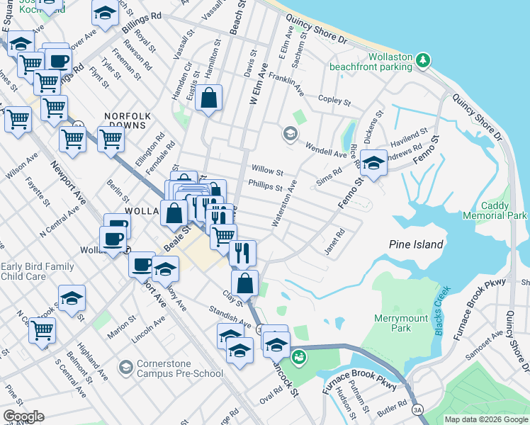 map of restaurants, bars, coffee shops, grocery stores, and more near 133 Marlboro Street in Quincy