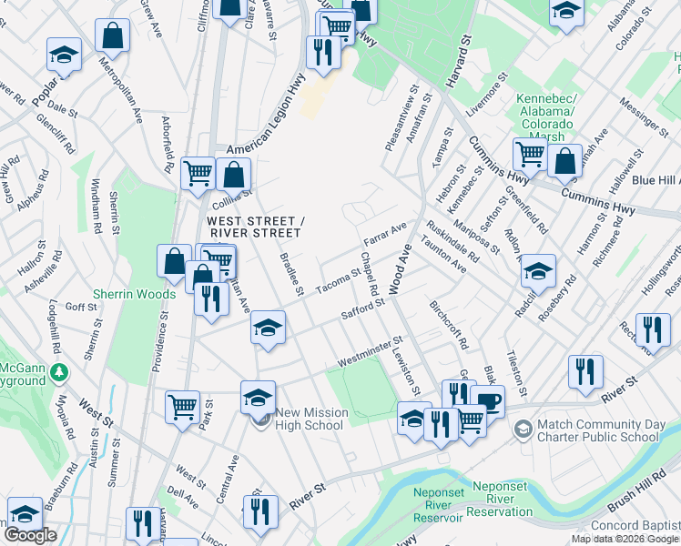 map of restaurants, bars, coffee shops, grocery stores, and more near 51 Tacoma Street in Boston