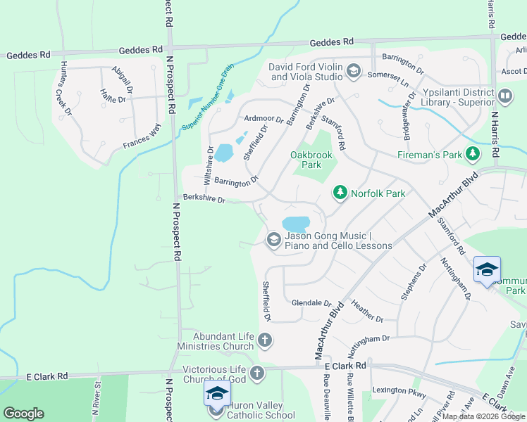 map of restaurants, bars, coffee shops, grocery stores, and more near 8343 Berkshire Drive in Superior Charter Township