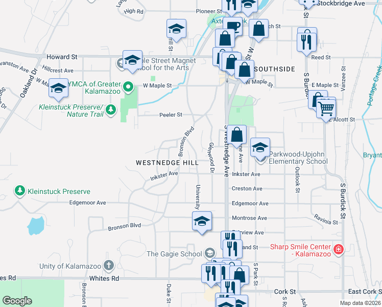 map of restaurants, bars, coffee shops, grocery stores, and more near 803 Forest Glen Boulevard in Kalamazoo