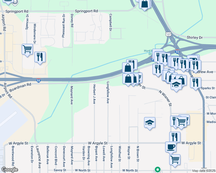 map of restaurants, bars, coffee shops, grocery stores, and more near 1454 Longfellow Avenue in Jackson