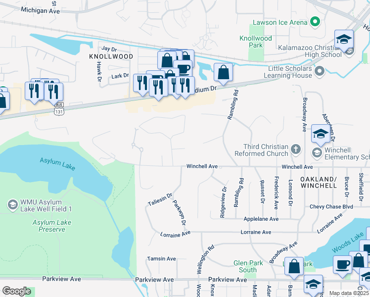 map of restaurants, bars, coffee shops, grocery stores, and more near 3210 Magnolia Circle in Kalamazoo