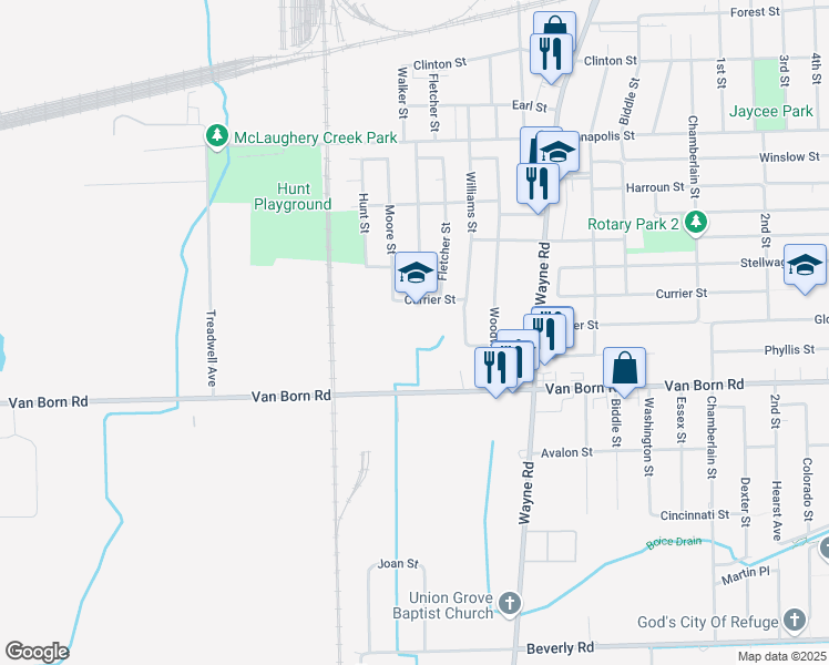 map of restaurants, bars, coffee shops, grocery stores, and more near 36075 Currier Street in Wayne