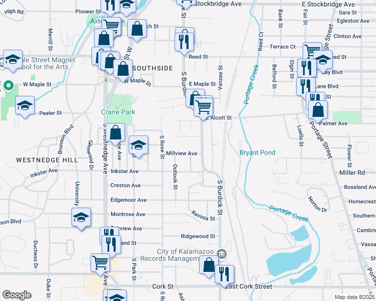 map of restaurants, bars, coffee shops, grocery stores, and more near 128 Millview Avenue in Kalamazoo