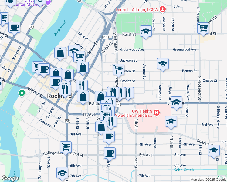 map of restaurants, bars, coffee shops, grocery stores, and more near 1033 Spafford Avenue in Rockford