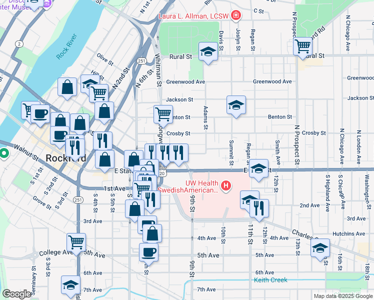 map of restaurants, bars, coffee shops, grocery stores, and more near 1212 Revell Avenue in Rockford