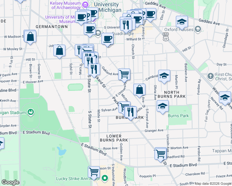 map of restaurants, bars, coffee shops, grocery stores, and more near 909 Packard Street in Ann Arbor