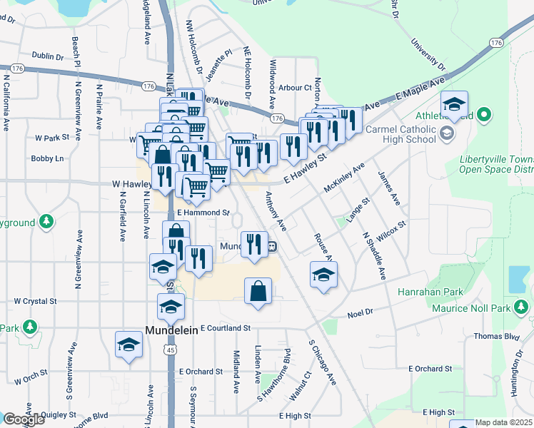 map of restaurants, bars, coffee shops, grocery stores, and more near 300 Anthony Avenue in Mundelein