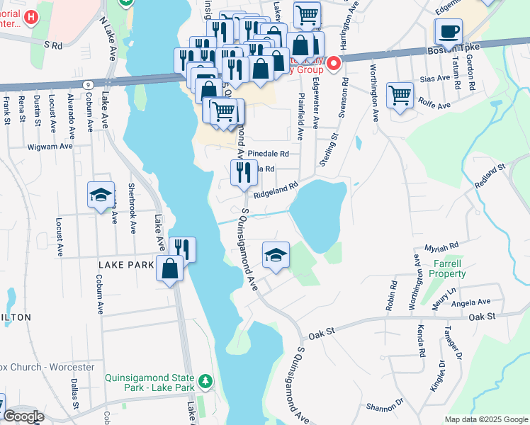 map of restaurants, bars, coffee shops, grocery stores, and more near 15 Roberts Street in Shrewsbury