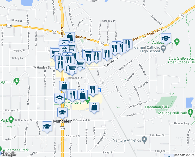 map of restaurants, bars, coffee shops, grocery stores, and more near 400 McKinley Avenue in Mundelein