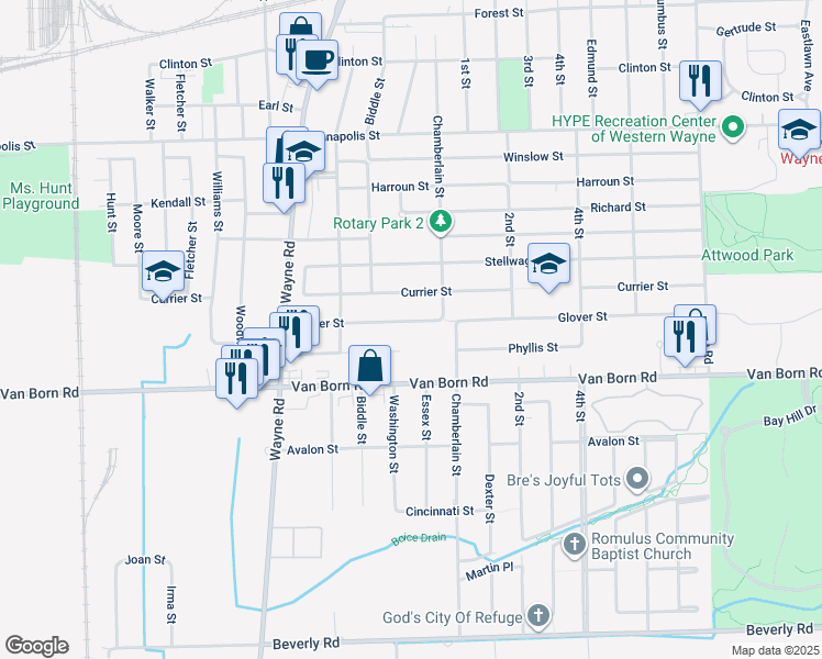 map of restaurants, bars, coffee shops, grocery stores, and more near 35330 Van Born Road in Wayne