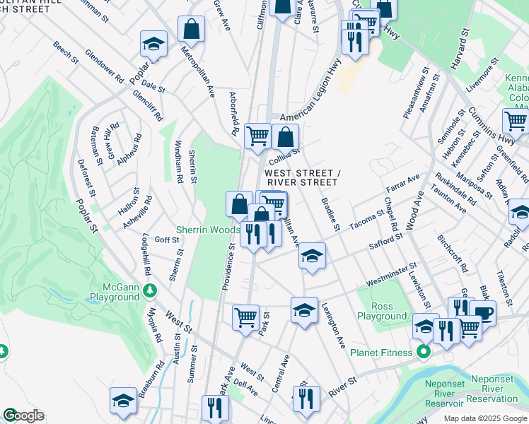 map of restaurants, bars, coffee shops, grocery stores, and more near 915 Hyde Park Avenue in Boston
