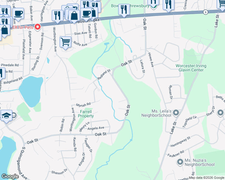 map of restaurants, bars, coffee shops, grocery stores, and more near 274 Oak Street in Shrewsbury
