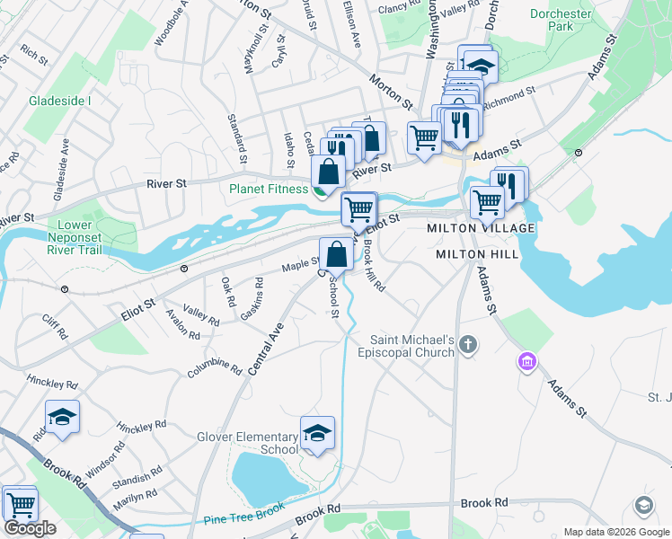 map of restaurants, bars, coffee shops, grocery stores, and more near 54 Central Avenue in Milton