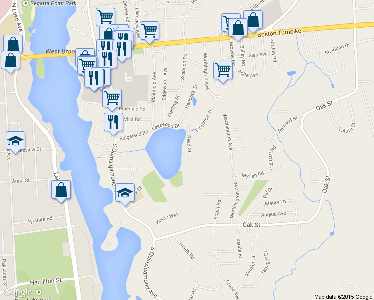map of restaurants, bars, coffee shops, grocery stores, and more near 29 Reed Road in Shrewsbury