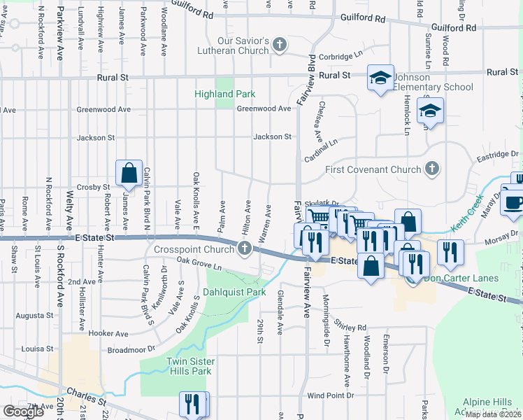 map of restaurants, bars, coffee shops, grocery stores, and more near 207 Warren Avenue in Rockford