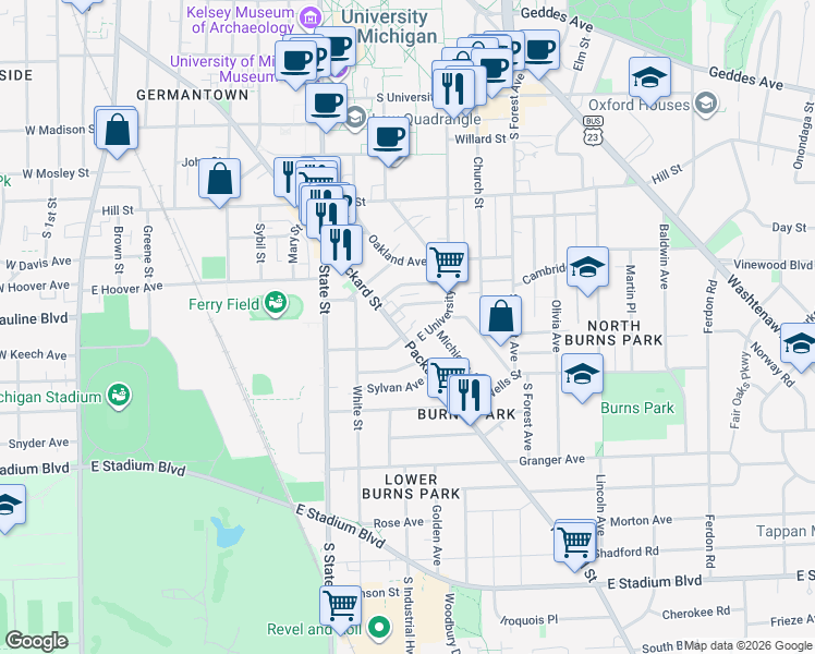 map of restaurants, bars, coffee shops, grocery stores, and more near 917 Packard Street in Ann Arbor