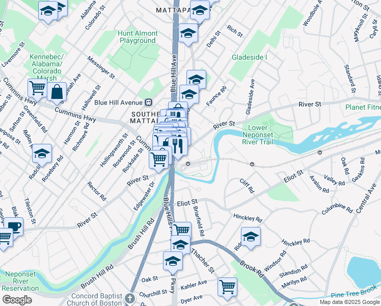 map of restaurants, bars, coffee shops, grocery stores, and more near 466 River Street in Boston