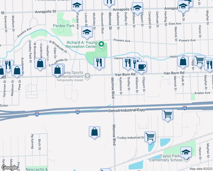 map of restaurants, bars, coffee shops, grocery stores, and more near 5895 Roosevelt Street in Taylor