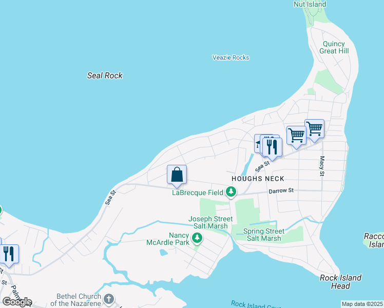 map of restaurants, bars, coffee shops, grocery stores, and more near 79 Babcock Street in Quincy