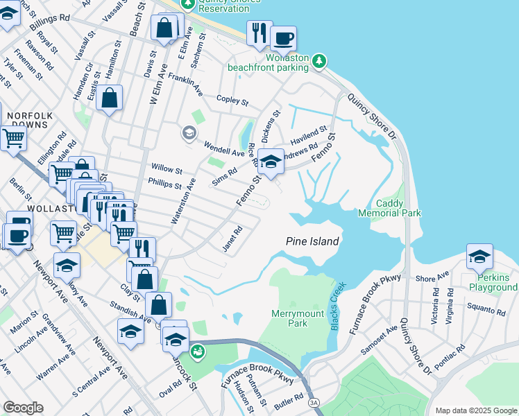 map of restaurants, bars, coffee shops, grocery stores, and more near 28 Langley Circle in Quincy