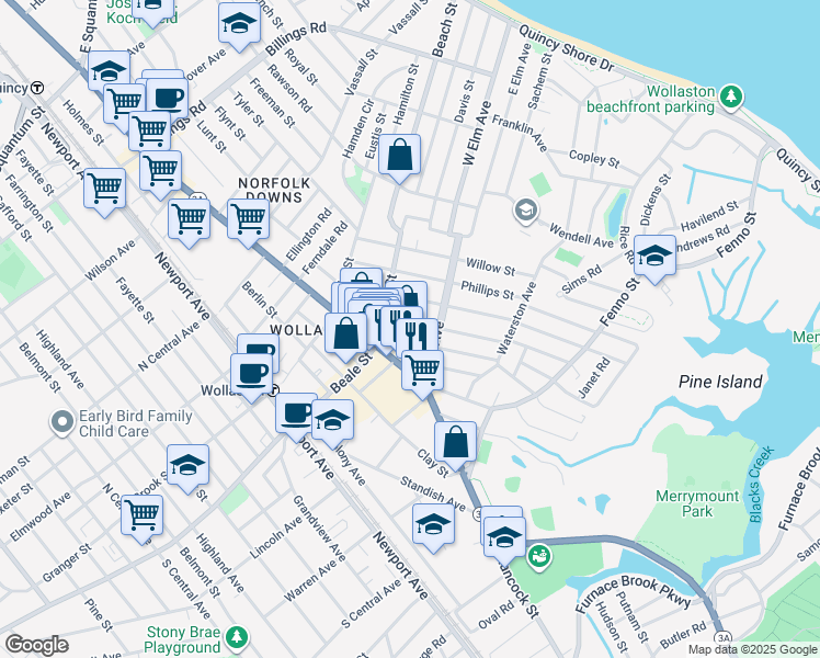 map of restaurants, bars, coffee shops, grocery stores, and more near 34 Kemper Street in Quincy