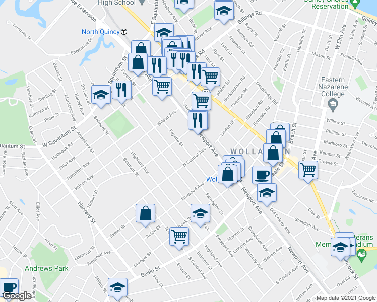 map of restaurants, bars, coffee shops, grocery stores, and more near 194 Fayette Street in Quincy