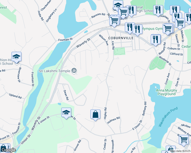 map of restaurants, bars, coffee shops, grocery stores, and more near 10A Harmony Lane in Framingham