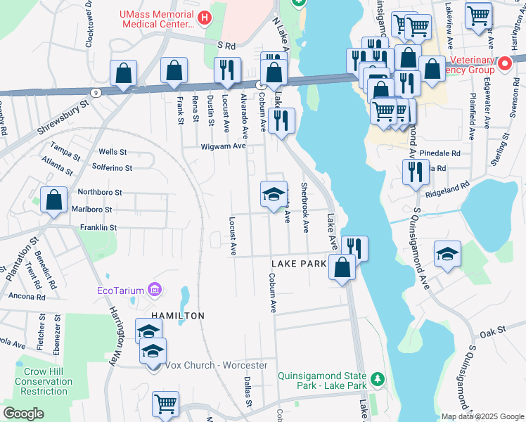 map of restaurants, bars, coffee shops, grocery stores, and more near 130 Coburn Avenue in Worcester