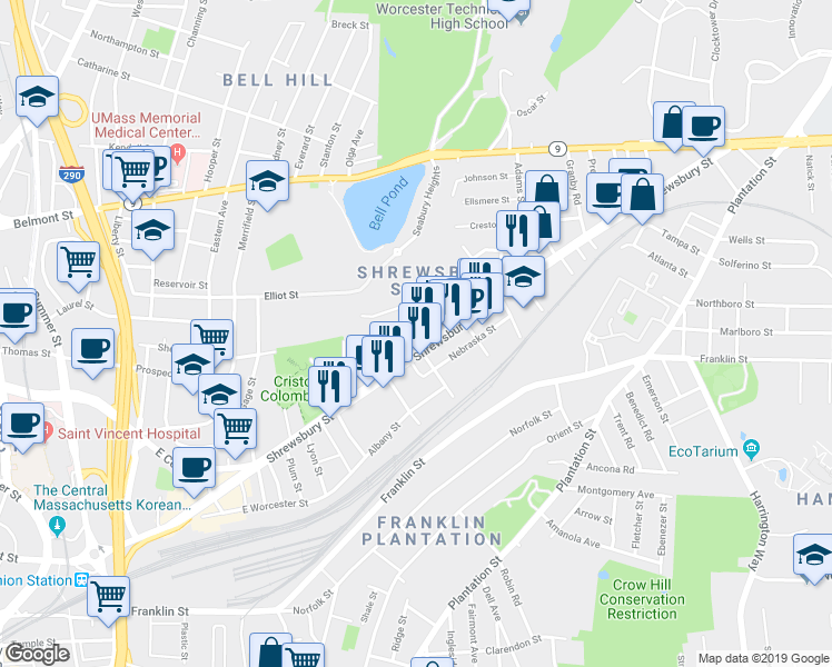 map of restaurants, bars, coffee shops, grocery stores, and more near 9 Wilson Street in Worcester