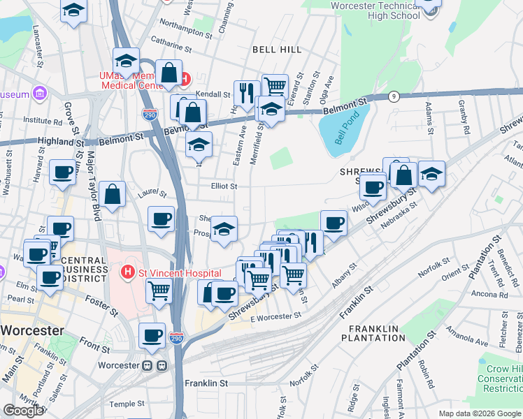 map of restaurants, bars, coffee shops, grocery stores, and more near 93 Gage Street in Worcester