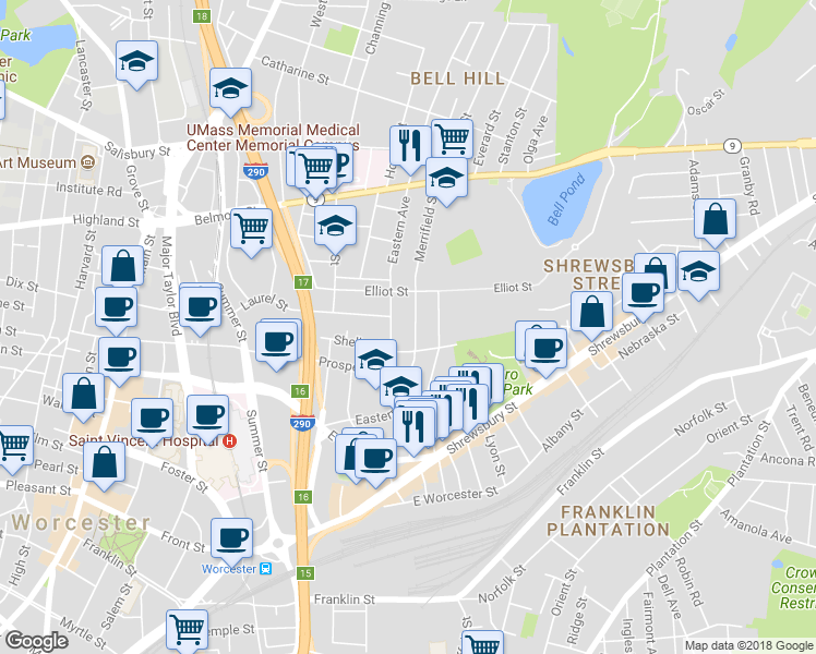 map of restaurants, bars, coffee shops, grocery stores, and more near 67 Eastern Avenue in Worcester
