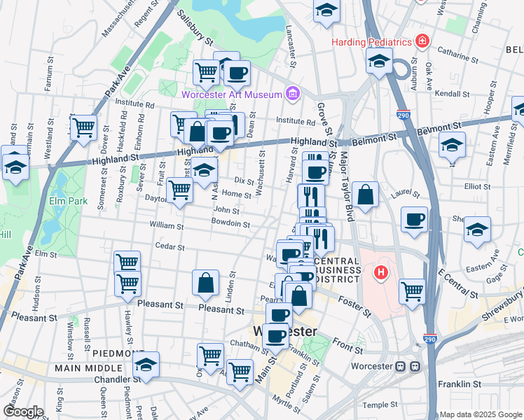 map of restaurants, bars, coffee shops, grocery stores, and more near 6 Wachusett Street in Worcester