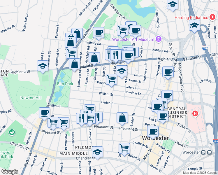 map of restaurants, bars, coffee shops, grocery stores, and more near 21 Dayton Street in Worcester