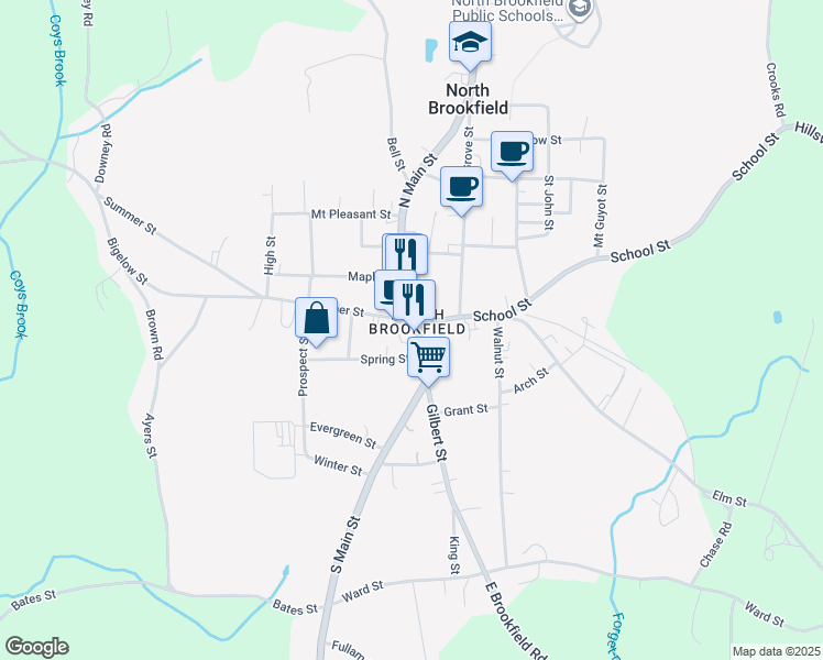 map of restaurants, bars, coffee shops, grocery stores, and more near in North Brookfield