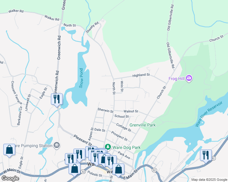 map of restaurants, bars, coffee shops, grocery stores, and more near 158 North Street in Ware
