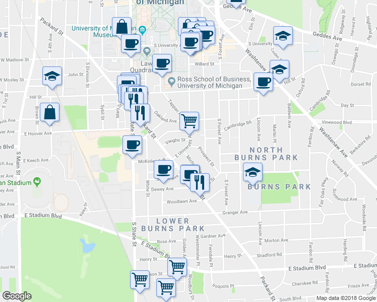 map of restaurants, bars, coffee shops, grocery stores, and more near 1108 East University Avenue in Ann Arbor