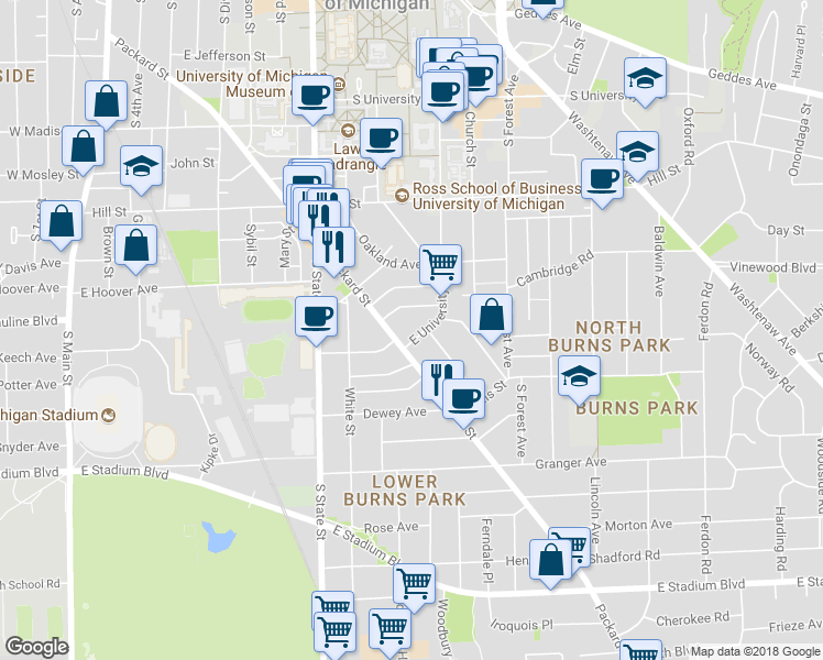 map of restaurants, bars, coffee shops, grocery stores, and more near 909 Packard Street in Ann Arbor