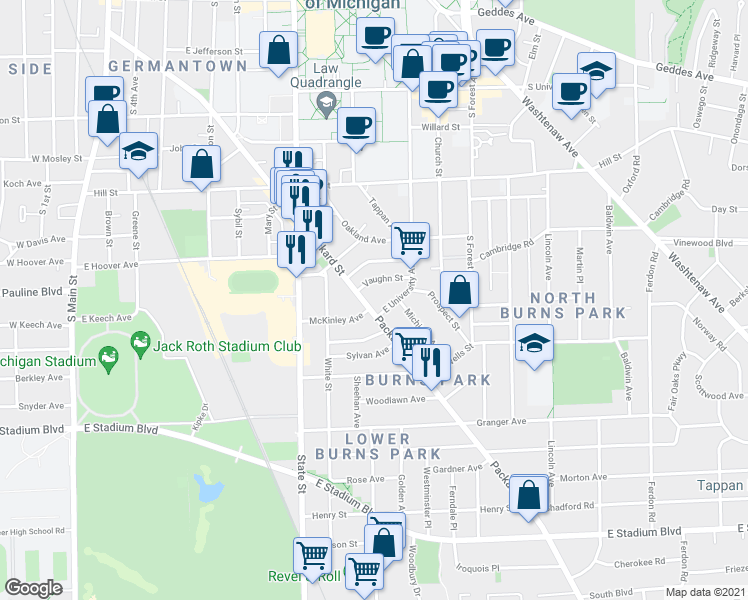 map of restaurants, bars, coffee shops, grocery stores, and more near 909 Packard Street in Ann Arbor