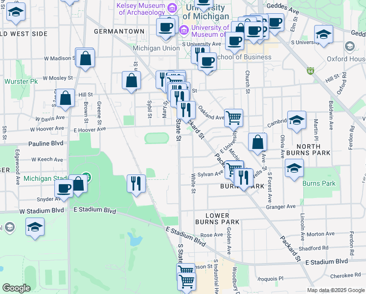 map of restaurants, bars, coffee shops, grocery stores, and more near 1109 South State Street in Ann Arbor