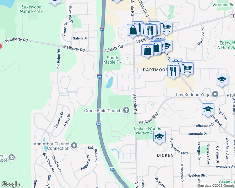 map of restaurants, bars, coffee shops, grocery stores, and more near 2722 Adrienne Drive in Ann Arbor